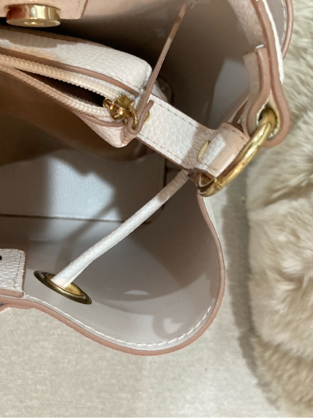 White Pebbled Leather Drawstring Bucket Bag - Picture 5 of 10